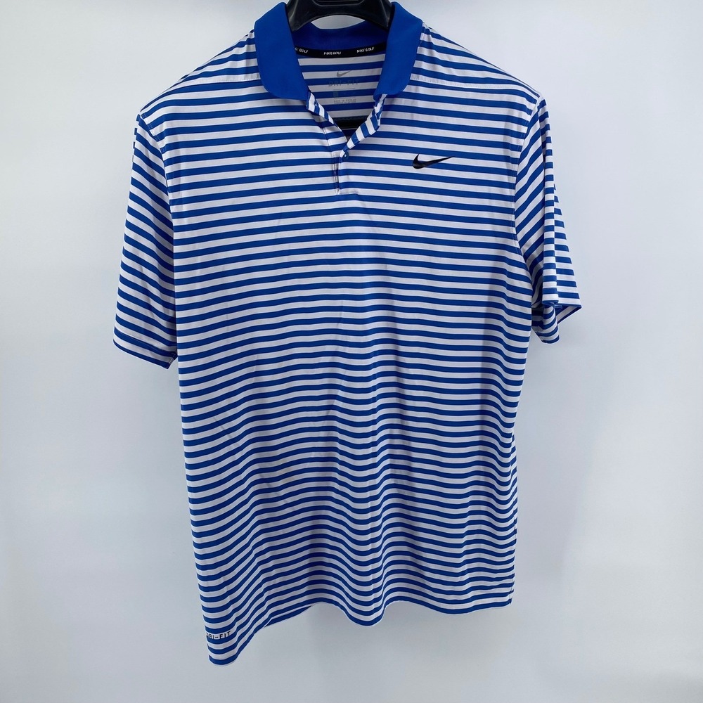 Nike Golf Dri-FIT Polo Shirt Mens XL Blue White Striped Short Sleeve Swoosh - Picture 2 of 7